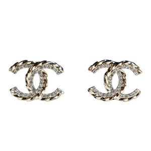 Chanel 23B Gold Crystal Interlocking CC Logo Classic Statement Stud Earrings